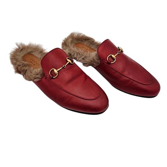 Gucci Princetown Horsebit Fur Lined Mule Flat Size 38 US 8 Red Leather Slip On - Picture 1 of 9